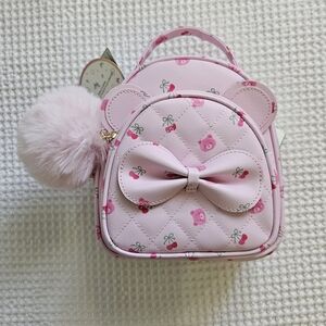 Chic Pink Floral Backpack with Bow and Pom Pom